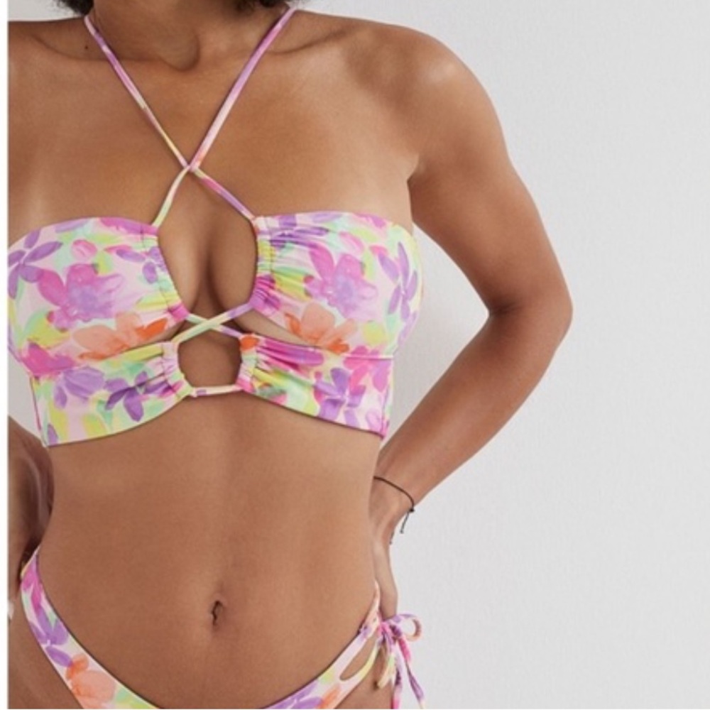 For Love & Lemons Floral Cutout Bikini Top in Pink, Purple, Orange, Yellow